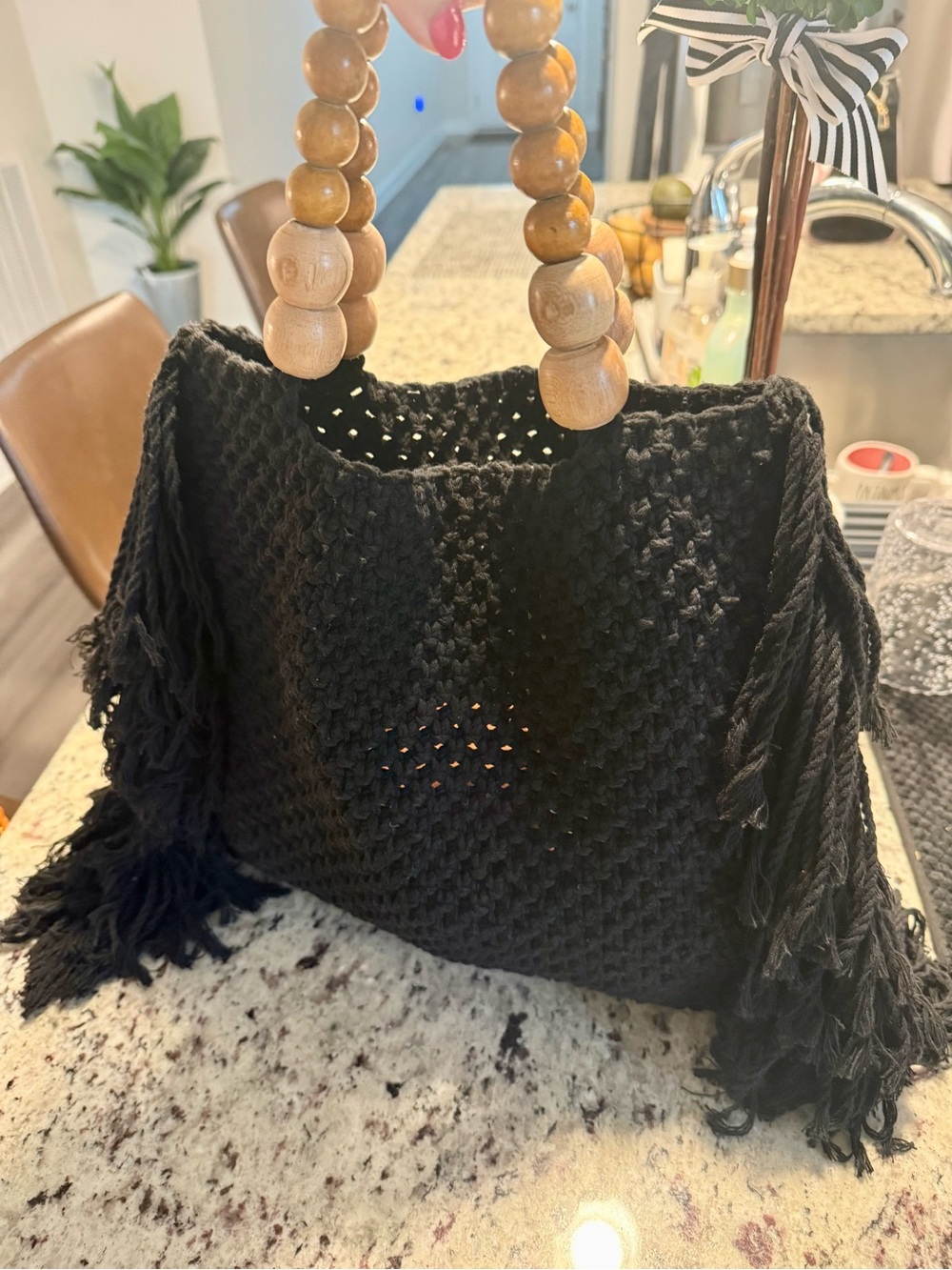 Black Woven Fringe Handbag with Wooden Bead Handles by Nicaragua artisans.